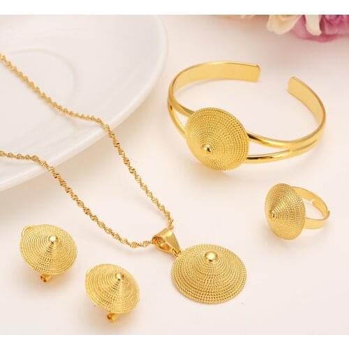 Necklace Pendants Earrings Ring Bangle Set 24 k Solid Fine Gold Finish Eretrian African Abyssinia Ancient hat jewelry set
