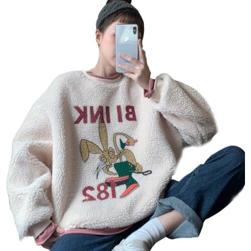 2020 Winter New Lamb Plush Women Pullover Version Plus Velvet Thickening Fake Two-piece Cartoon Round Neck Ladies Sweatshirt