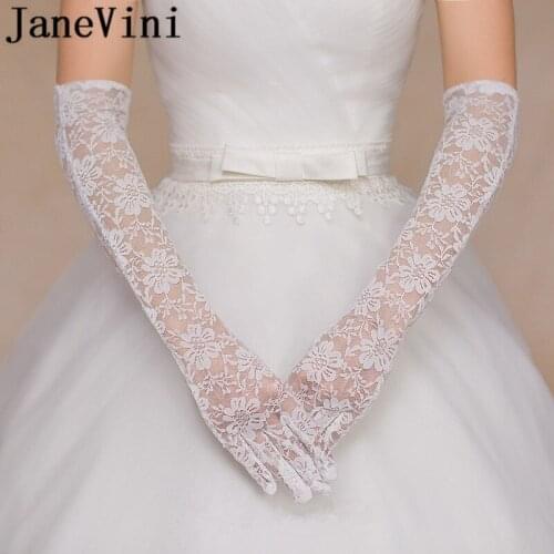 JaneVini 2018 Wholesale White Ivory Lace Long Bridal Gloves Elbow Length Wedding Dress Gloves Women Evening Party Accessories