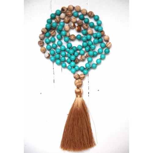 108 Mala Beads Necklace Picture Jaspers Turquoises Stone Necklaces Long Brown Tassel Necklace Spiritual Jewelry Men Women Gift