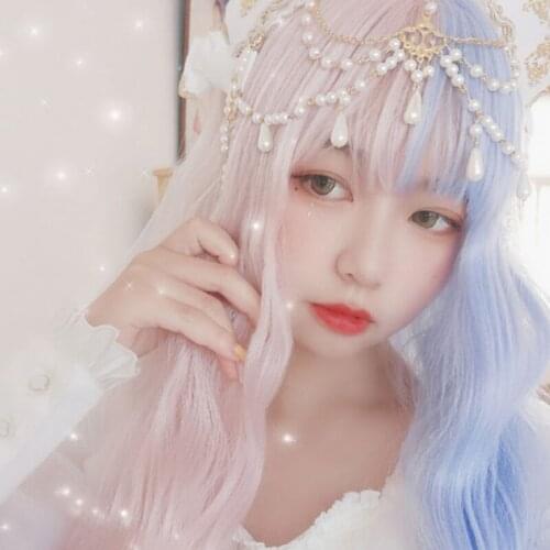 Gradient Ramp Champagne Blue Lolita Cosplay Wig Girl Hairpiece Blunt Bangs Straight Hair Pigtail Cap Hair Periwig Only Halloween