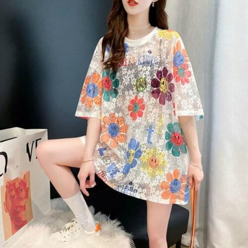 Sexy Women T Shirt See Through Lace Tops Loose Ladies O-neck Cool T-Shirt Casual Female Tshirt Summer Tee Befree Plus Size