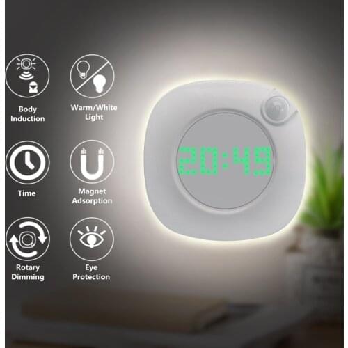 USB Rechargeable LED Night Lamp With Motion Sensor Clock Dimmable Bedside Light Indoor Decoration Light For Stairs Home Bedroom
