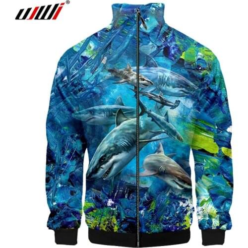 UJWI Trend 3D Stand-up Collar Ocean Shark Hoodie Hood Men Zipper Hoodies Jackets All Sleeve Zip Up Jackets Tops Dropshipping