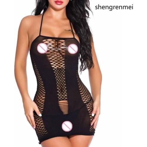 Shengrenmei NEW Female Fishnet Underwear Plus Size Nightwear Mesh Dress Sexy Lingerie Women Nightgown Black Passion Babydolls