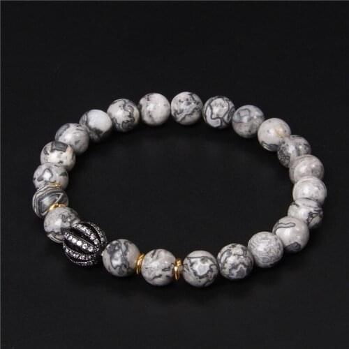 Men Charm Bracelet Fashion Natural Map Stone Beads Bracelet 8mm Grey Gem Stone Beads Round Micro Pave CZ Beads Bracelet for Men