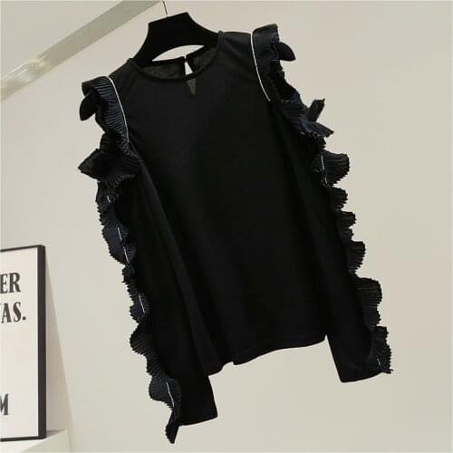Pleated Ruffled Patchwork Off-Shoulder Long Sleeved Sweater Women Korean-Style Slim-Fit Ice Silk Thin Knitted Top Jumer Femme