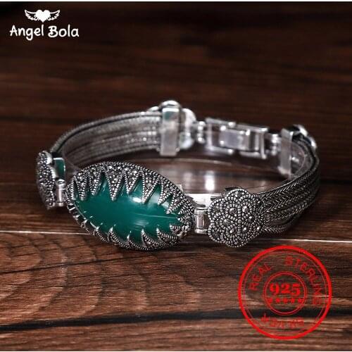 925 Sterling Silver Vintage Bracelet Black Crystal Flowers Oval Natural Green/Red/Blue Gem Thai Silver Jewelry for Women