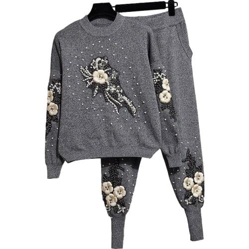 Women 2020 Autumn New Korean Fashion Beading Flower Loose Long sleeve Knitted Sweater + Little feet Pants 2 Piece Set Women G513