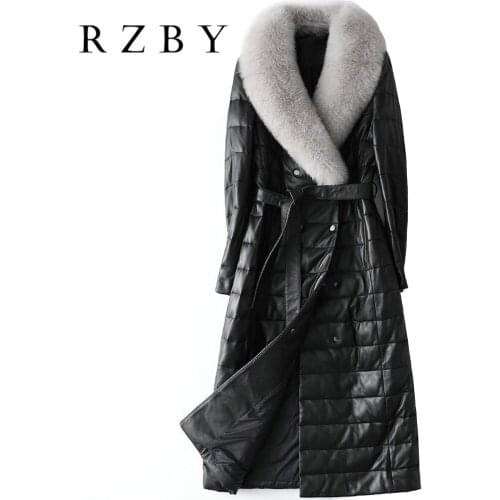 Real 100% women sheep skin leather coat fox fur collar coat winter fashion new style Long leather down jacket ladies long coat