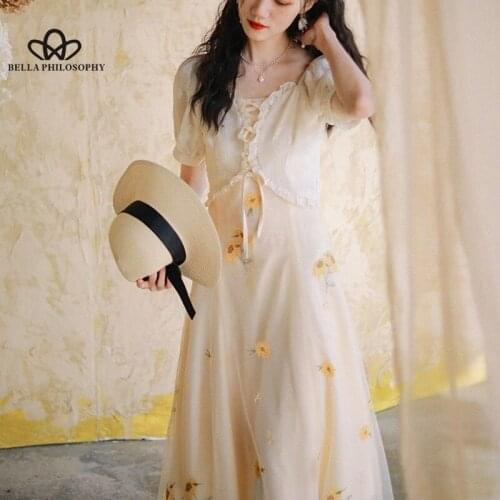 Bella Elegant Floral Dress Women Summer 2021 Print Elegant Evening Party Midi Dresses Ladies Beach Boho Ruffle French Vintage