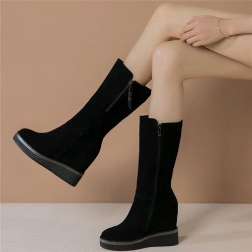 Winter Warm Pumps Women Genuine Leather Wedges High Heel Motorcycle Boots Female High Top Round Toe Fashion Sneakers Casual Shoe