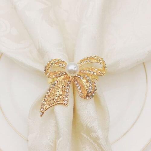 12pcs/lot Bowknot pearl napkin buckle metal napkin ring tabletop decoration napkin ring towel buckle