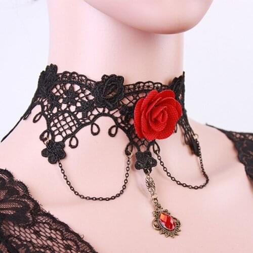 12 Pieces/Lot Tassel Necklaces Clavicle Black Hollow Lace Chokers For Bridesmaids Tattoo Gothic Flower Rhinestone Pendant Choker