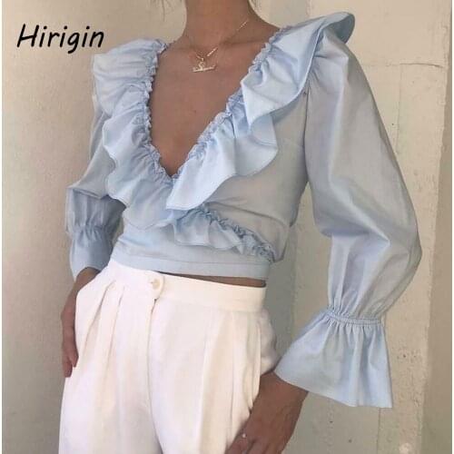 2020 summer women blouses long sleeve Deep V neck shirts Solid ruffles Short crop tops Casual white Blouse fashion shirts
