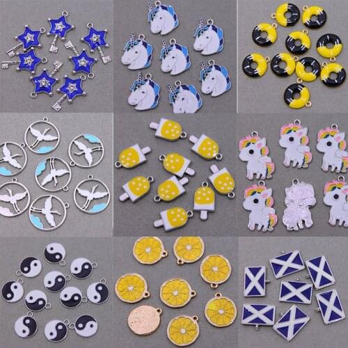 6pcs Enamel Charms Animal Fruit Unicorn yin yang lemon stars Ice cream Alloy Necklace Bracelet Drop Oil Jewelry Making Accessory