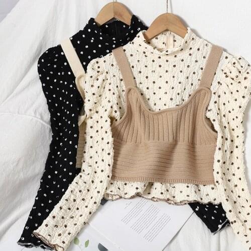 Two Piece Outfits for Women Korean Fashion Suit Polka Dot Shirt Tops Knitted Vest 2020 Fall Clothes 2 Piece Set Female