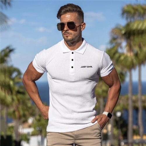 Knitted Short Sleeve Polo Shirt Men Fitness Slim Fit Strips Casual Polo T-shirt Male Brand Fashion Tees Tops Summer Gym Clothing