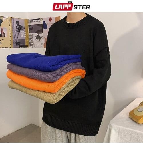 LAPPSTER Men Solid Streetwear Winter Knitted Sweater 2020 Pullover Mens Korean Harajuku Sweater Oversized Casual Vintage Coat