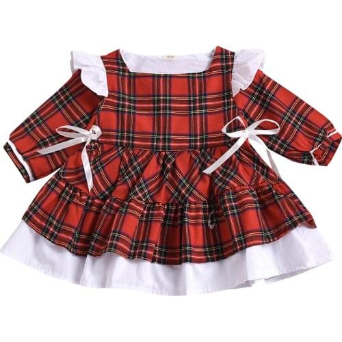 1-6Years Childrens Girls Christmas New Year Dresses Ruffles Long Sleeve Plaid Print Princess Ball Gown Dress Xmas Party Wear