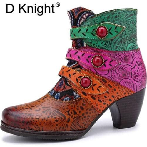 Winter New Fashion Women Ankle Boots Handmade Genuine Leather High Thick Heels Boots Vintage Embroidery Lady Western Boots Shoes