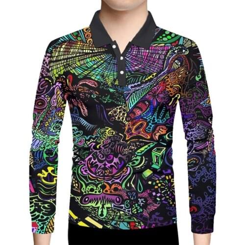 OGKB 3D Psychedelic Printed Polo T Shirts For Man Hip Hop Casual Abstract Anime Graffiti Long Sleeve Shirt Streetwear Oversize