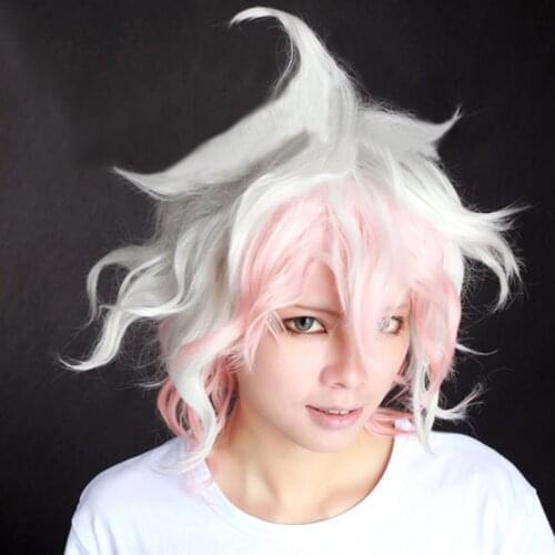 Danganronpa Dangan Ronpa Nagito Komaeda Cosplay Wig Short Gradient White Pink Curly Heat Resistant Synthetic Hair Wig + Wig Cap