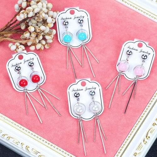 Simple White Red Blue Pink Beads Geometric Metal Long Drop Earrings For Women Dangle Earring Jewelry Accessories #273575