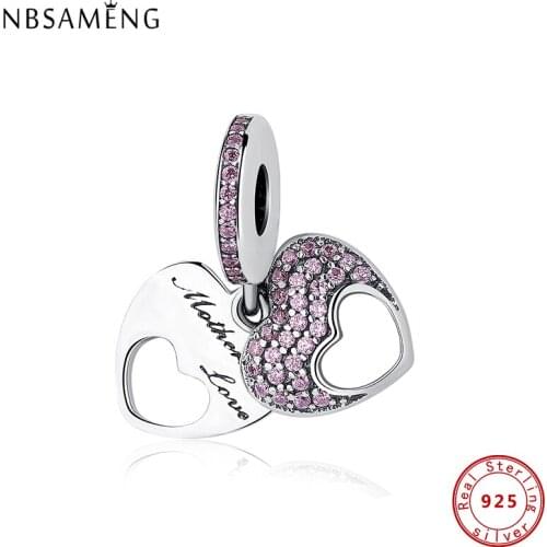 100% Original CZ 925 Sterling Silver Beads Heart & Mum Charms For Jewelry Fit Bracelet Necklace DIY Women Mother Love