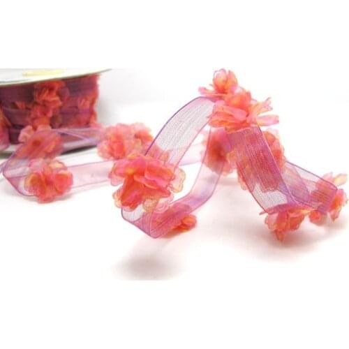 1/2 Inch Ombre Chiffon Trim with Multicolor Chiffon Handmade Flowers|Organza Floral Trim|Hair Decorative Embellishment