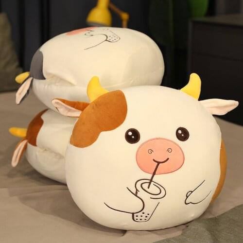 Cute Milk Tea Cattle Plush Pillow Stuffed Soft Plushie Hand Warmer Blanket Cushion Doll Toys for Kids Girls Birthday Gift Decor