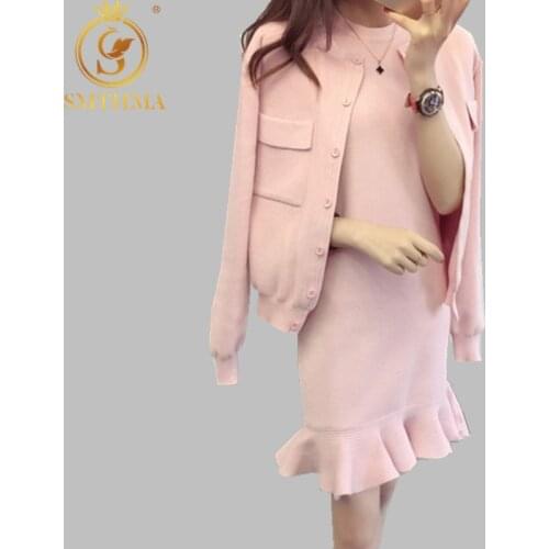 2021 New Autumn And Winter Solid Long-Sleeved Cardigan Sweater + Ruffles Mermaid Dresses Set Women Casual 2pcs Knitted Suit