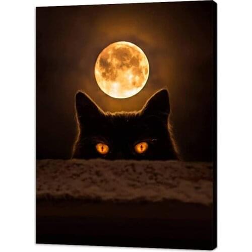 Modern a Cat is Staring at Its Prey Canvas Lovely Cat Vivid Animals Oil Painting Full Moon Night Posters Prints BedroomArtwork