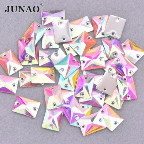 JUNAO 50pcs 13x18mm Sewing AB Crystal Flat Back Rectangle Rhinestones Large Resin Strass Sew on Stones for Needlework
