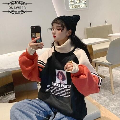 Hoodies Sweatshirts Women Printed Turtleneck Patchwork Pullovers Womens Oversize Thicker Plus Velvet Warm Sweatshirt Harajuku