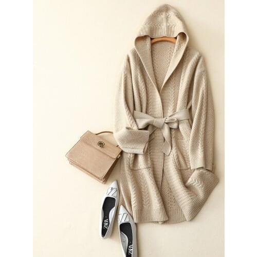 High quality 100% cashmere cardigan coat women winter knitted long hooded outerwear