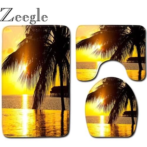 Zeegle Beach Scenic Printed Bathroom Toilet Mat 3pcs Set Floor Shower Mat Microfiber Door Mats Anti Slip Rug Bathroom Carpet