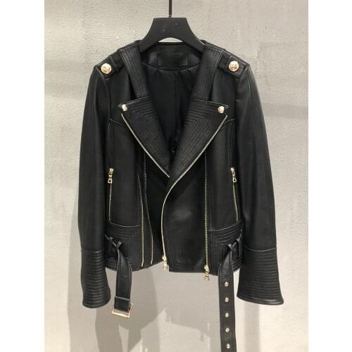 High Quality Spring Autumn Womens Ladys Soft Real Leather Slim Genuine Leather Moto Biker Jacket Coat