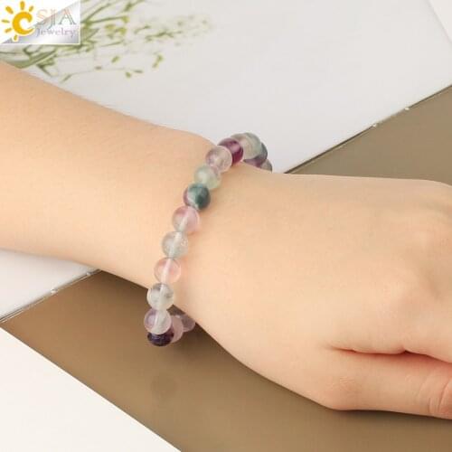 CSJA Real Natural Stone Stretch Bracelet 8mm Fluorite Beads Crystal Bracelets Bangles Women Fashion 2020 Rainbow Pulseras G613