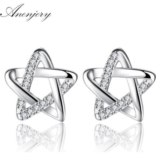 ANENJERY 925 Sterling Silver Hollow Zircon Star Stud Earrings For Women Oorbellen Brincos S-E534