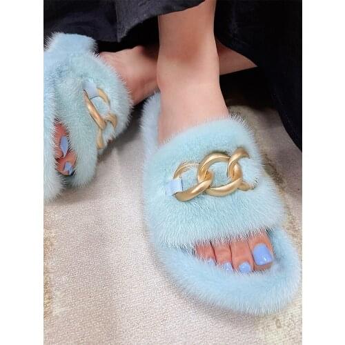 New Ladies Slippers 100% High Quality Mink Slippers Real Mink Slippers Casual Flat Shoes Home Shoes Girls Outdoor Slippers