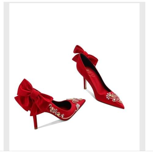 2021 spring bow silk bridal wedding shoes stiletto high heel pointed shallow mouth banquet dress rhinestone single shoes women