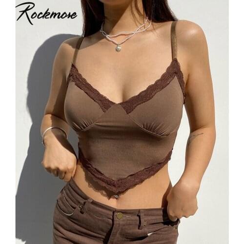 Rockmore Brown Lace Satin V Neck Crop Top Y2K Sexy Satin Streetwear Spaghetti Straps Tee Women Corset Harajuku Camis Tank Top