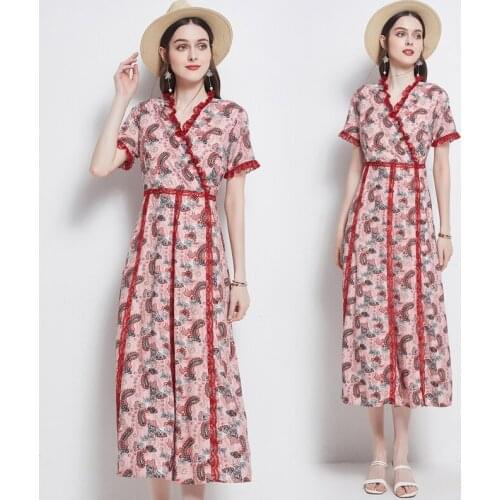 New Elegant Lady Dress 2021 Summer Vintage Chic Printing High Waist Short Sleeve Dress Slim Fashion V Neck Charming Dress Women