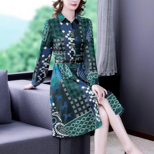 2021 Autumn Fashion Vintage Print Midi Shirt Dresses Spring Women Korean Casual Office Lady Dress Elegant Bodycon Party Vestidos