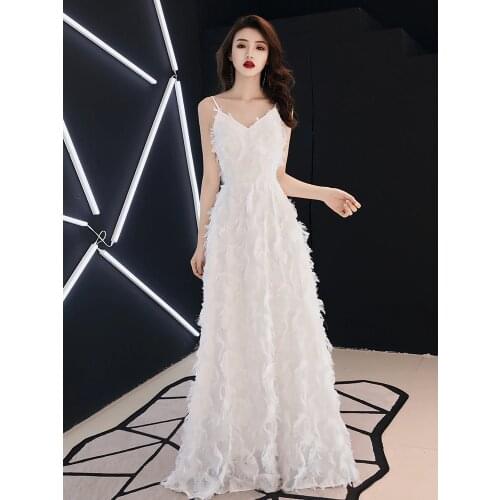 Evening Dress Female 2020 New White Party Dress Spaghetti Strap V-neck Prom Dress a Line Floor Length Formal Dresses