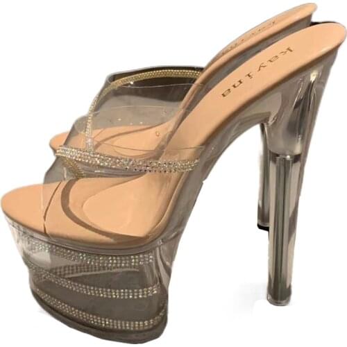 17cm Heels Slippers Sexy Platform Sandals Ladies Transparent Heels Summer Rhinestones Clear Heel Sandals Women Night Party Shoe