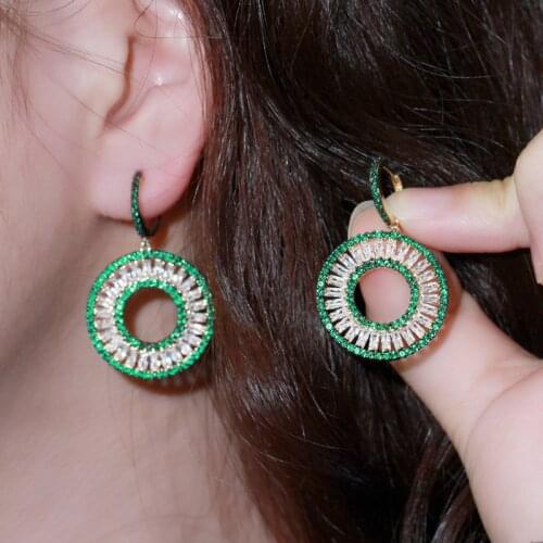 CWWZircons Gorgeous Green Cubic Zirconia Gold Color Dangle Circle Round Huggie Drop Earrings for Women Trendy Jewelry Gift CZ861