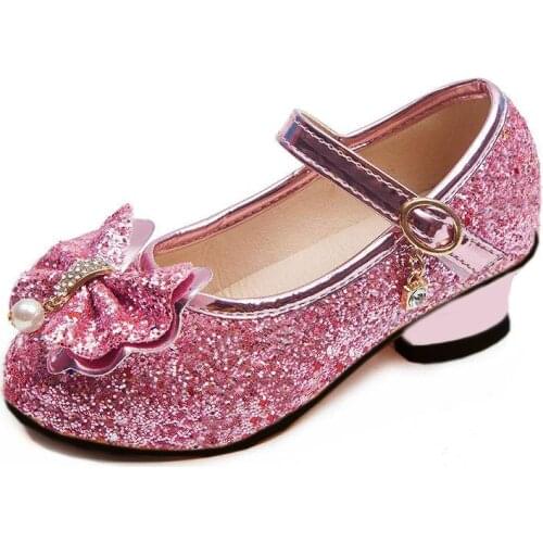 Kids Leather Shoes for Girls Flower Casual Glitter Children High Heel 2021 Princess Girls Shoes Butterfly Knot Pink Silver
