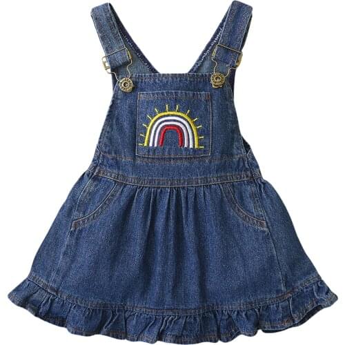 2021 Baby Summer Clothing Baby Girl Fashion Suspender Denim Dress Sweet Rainbow Embroidered A-line Princess Dresses Pocket